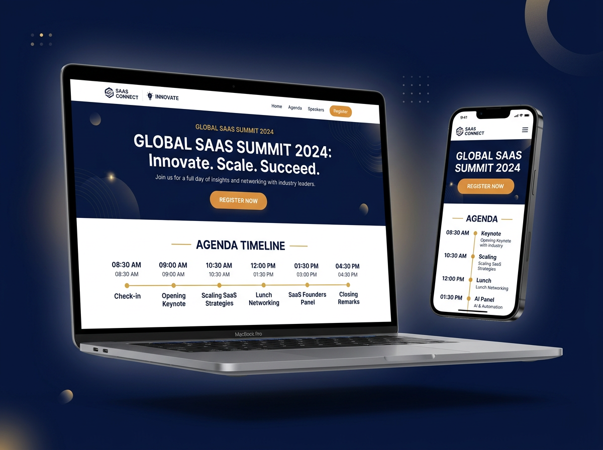 Eventora event registration page shown on laptop and mobile devices